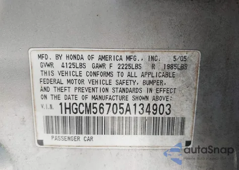 2005 Honda Accord 2.4 Ex from USA, damaged, VIN 1HGCM56705A134903